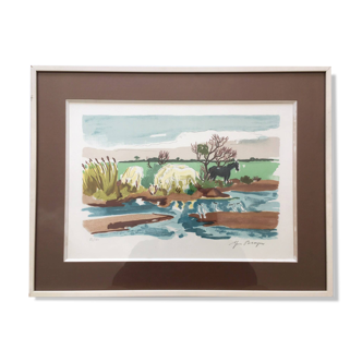 Numbered lithograph signed by Yves BRAYER: horses in the Camargue