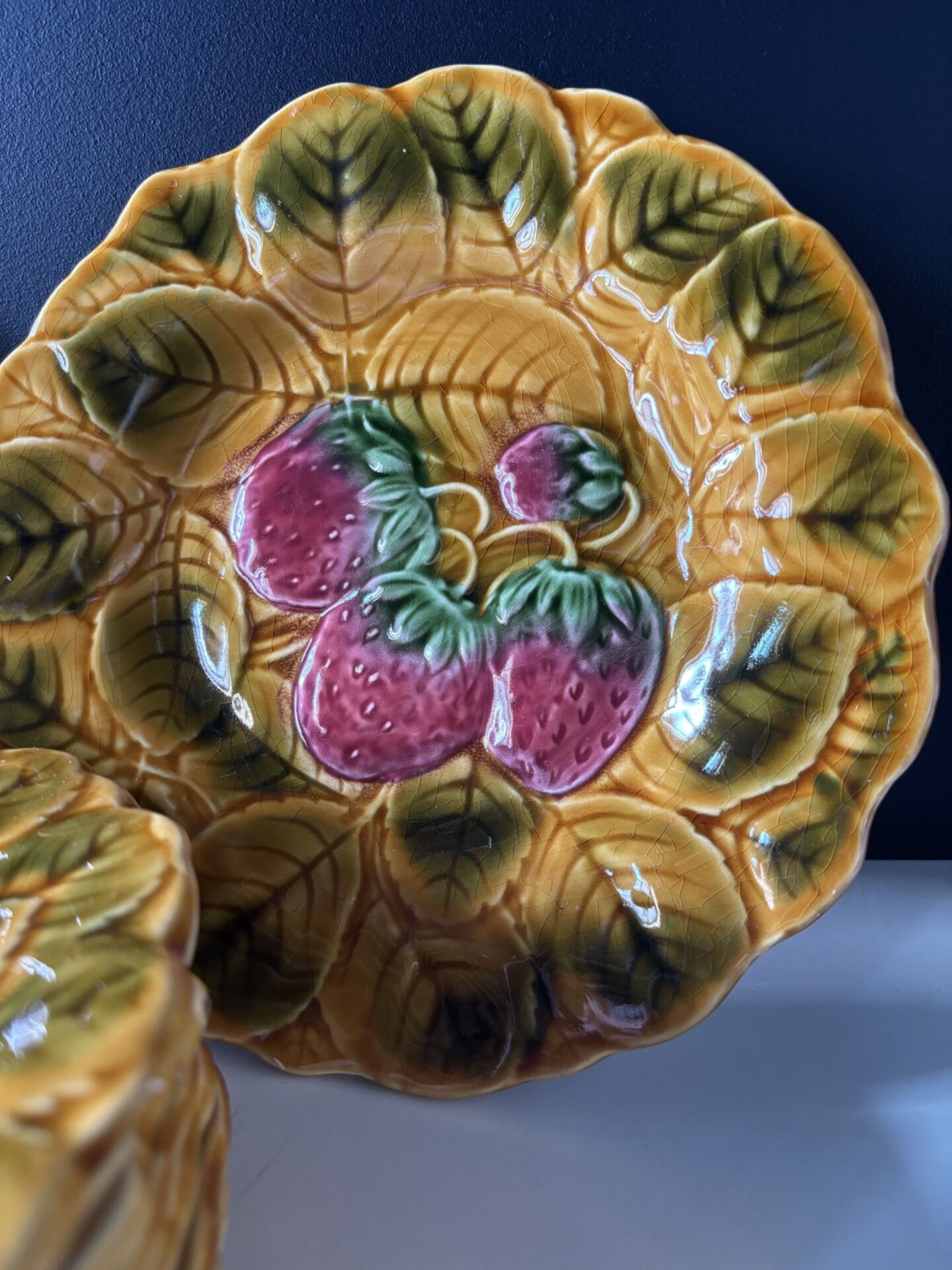 Set of 8 Sarreguemines barbotine plates — relief fruit decoration