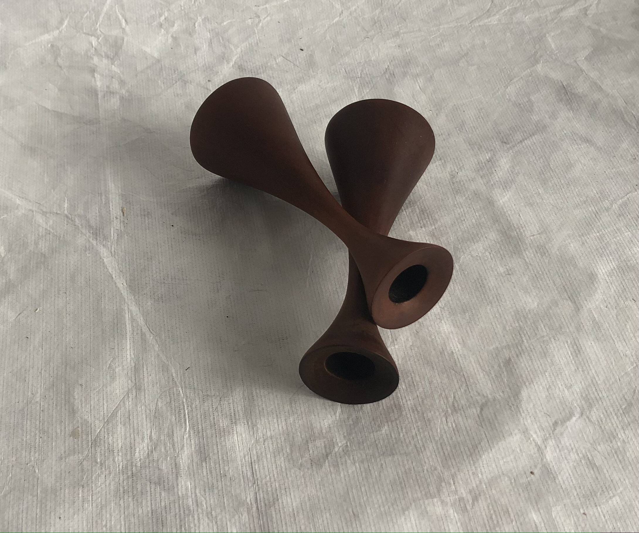 Pair of candlesticks in vintage stained birch wood, Scandinavian design