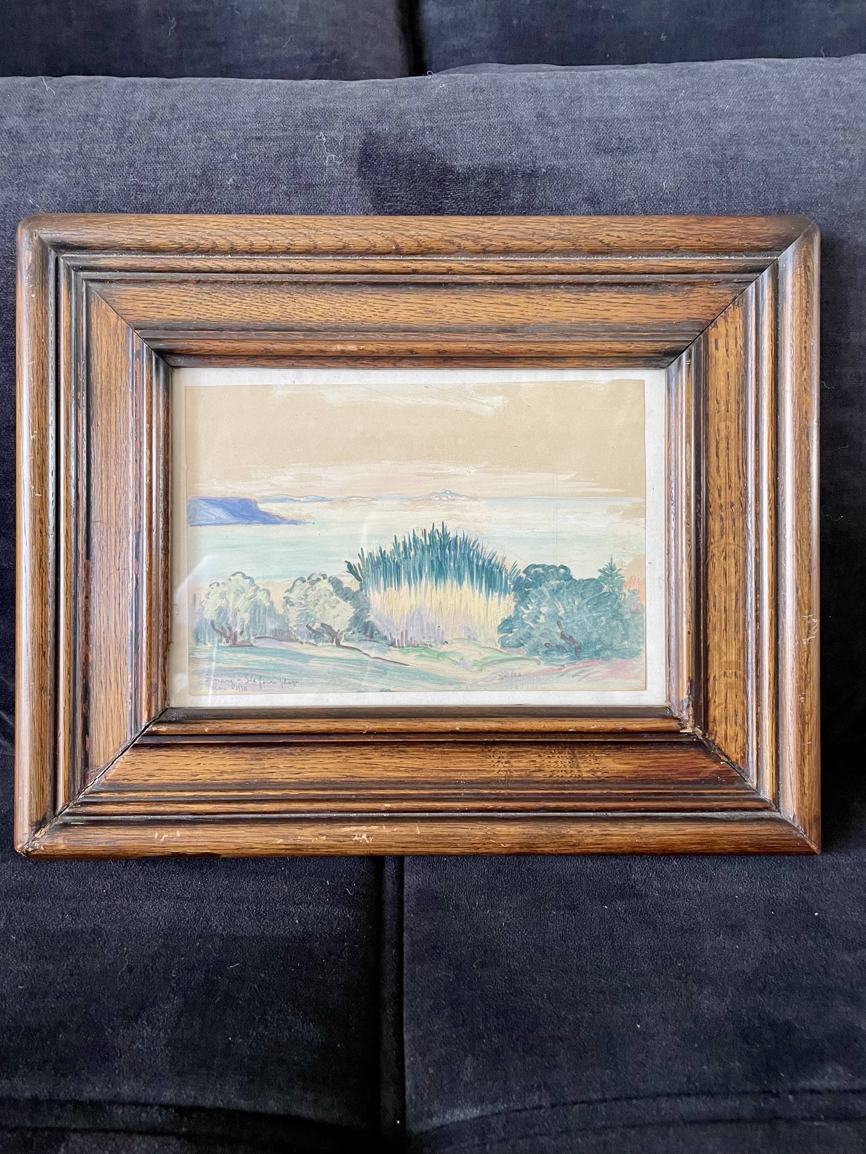 Paysage provençal aquarelle cadre en bois massif 1938