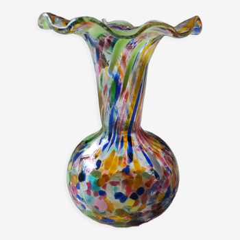 Vase boule en verre d Art soufflé Murano/Italie, moucheté, col collerette