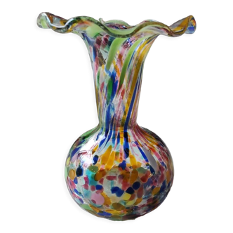 Vase boule en verre d Art soufflé Murano/Italie, moucheté, col collerette