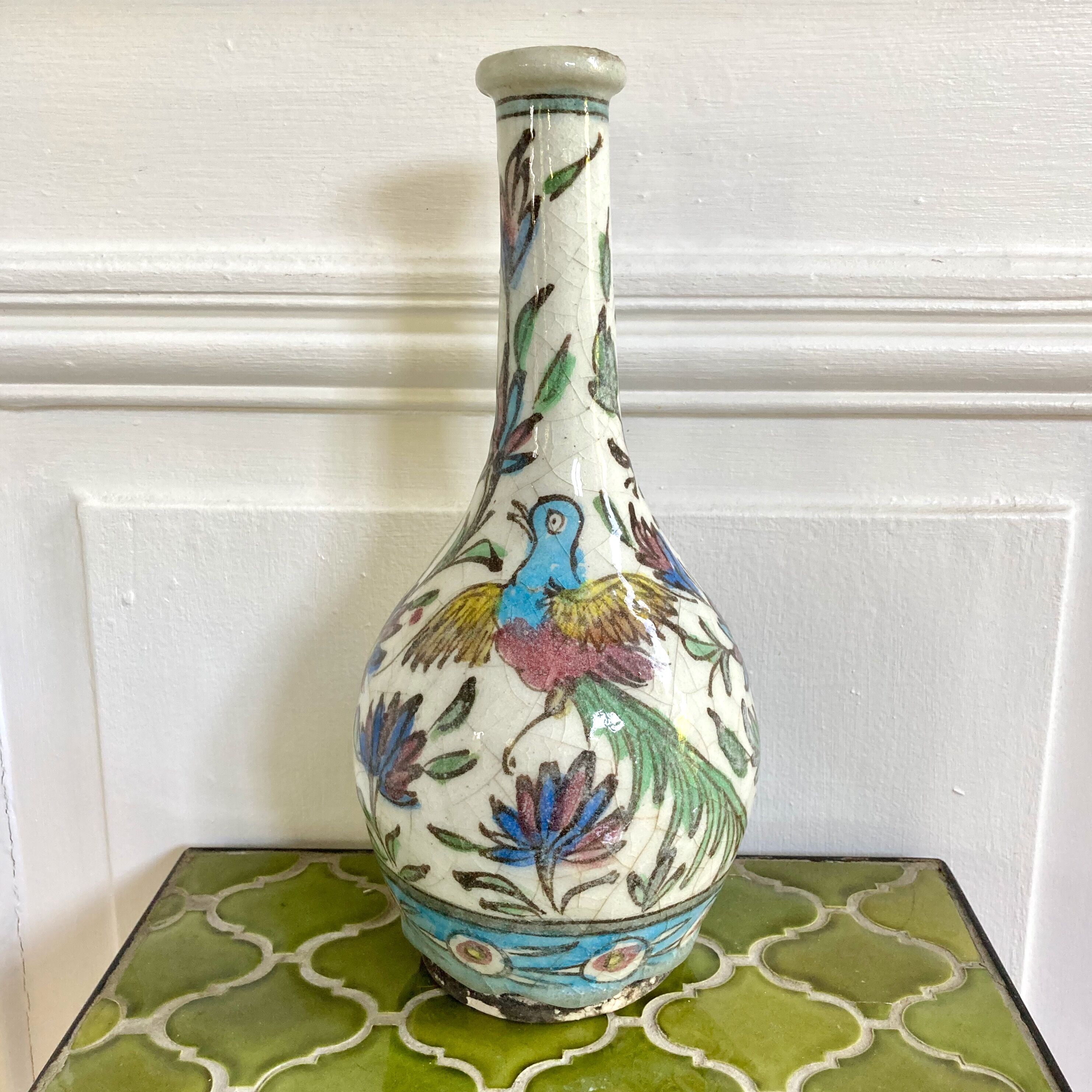 Vase céramique craquelée décor oiseaux