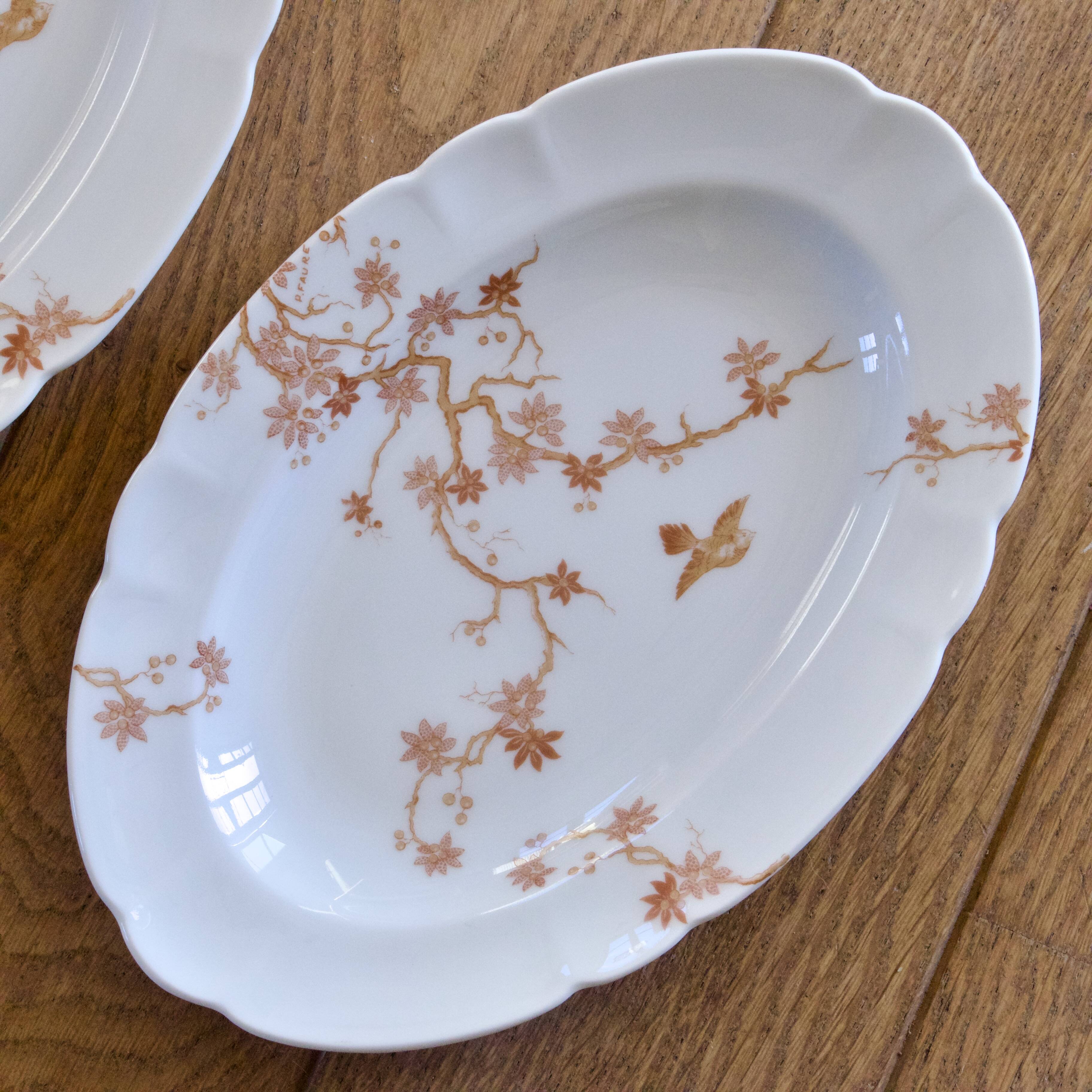 Pair of antique Limoges Haviland porcelain relish dishes with bird decoration