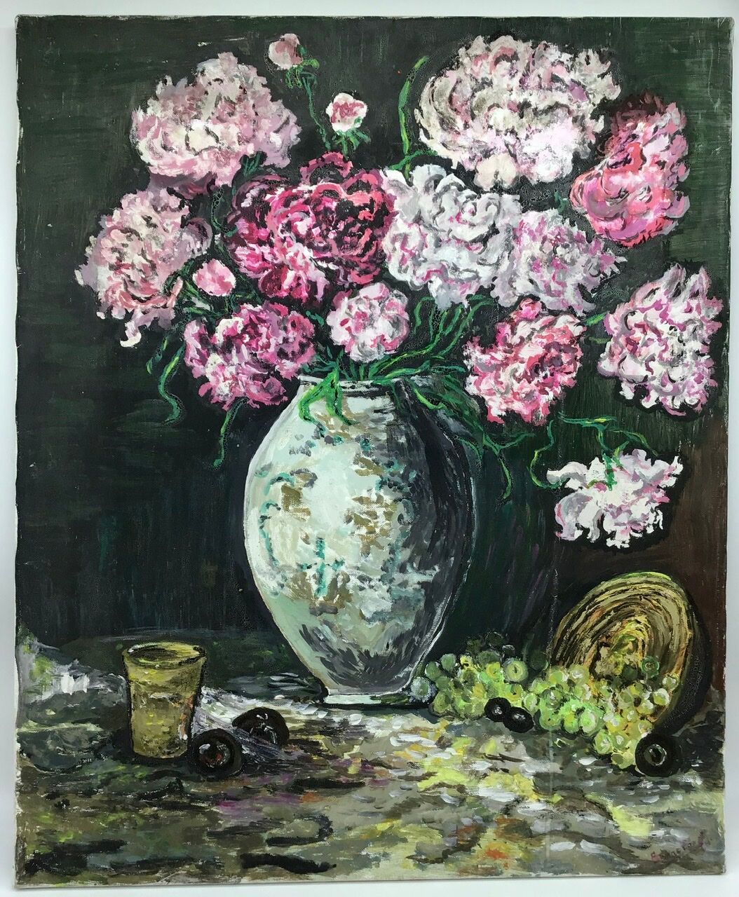 Painting, still life with carnations, glass and basket of grapes, signed, 70s/80s