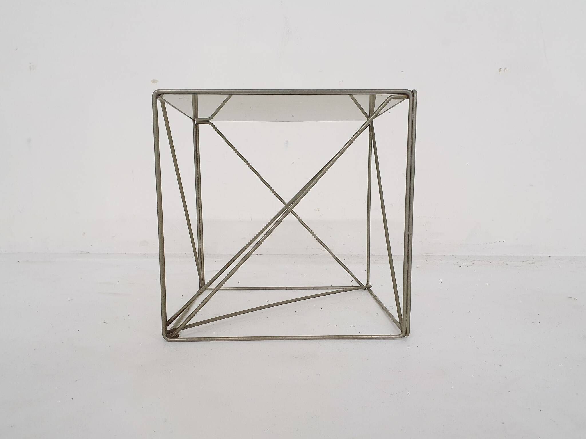 Rare metal and glass side table by Max Sauze, Isocele, France 1960's