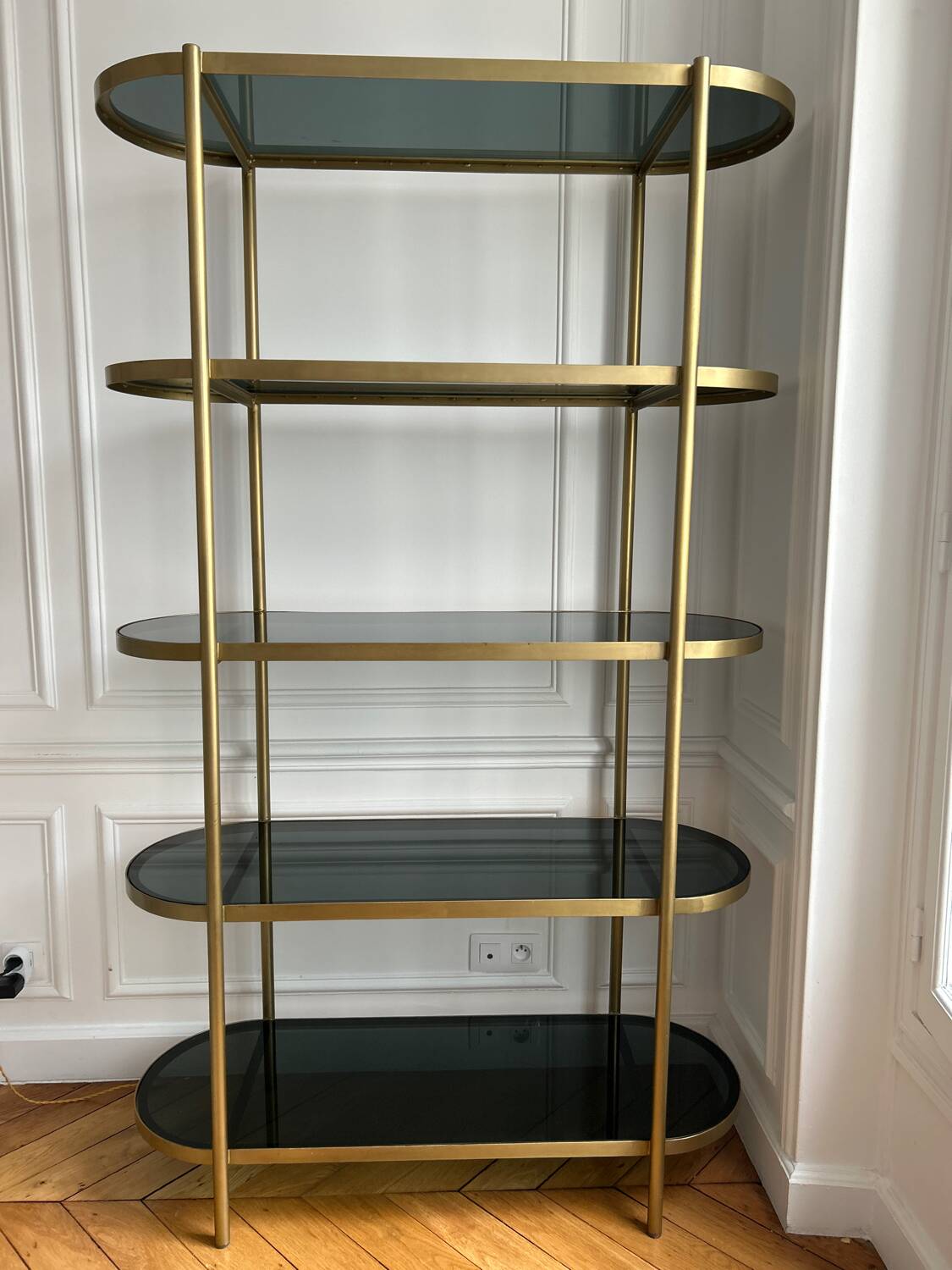 Shelf on brass and smoked glass feet
