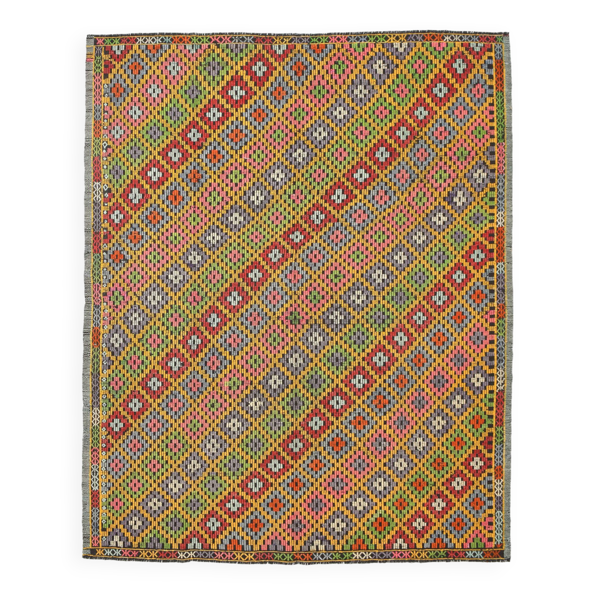 7x9 Yellow Green Handmade Wool Scandinavian Kilim Rug