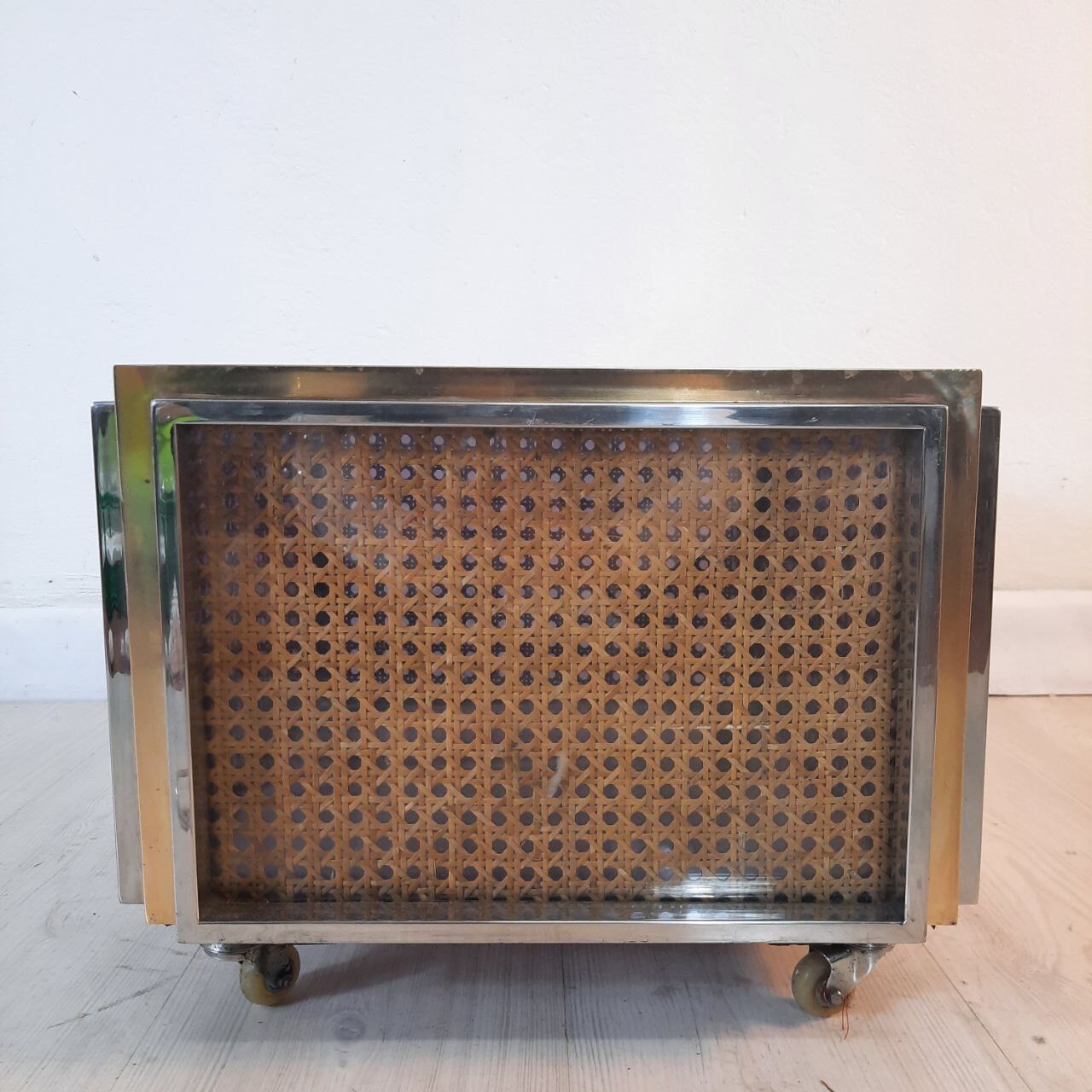 Planter, vintage storage with lightweight wheels, straw, brass and steel, hollywood regency