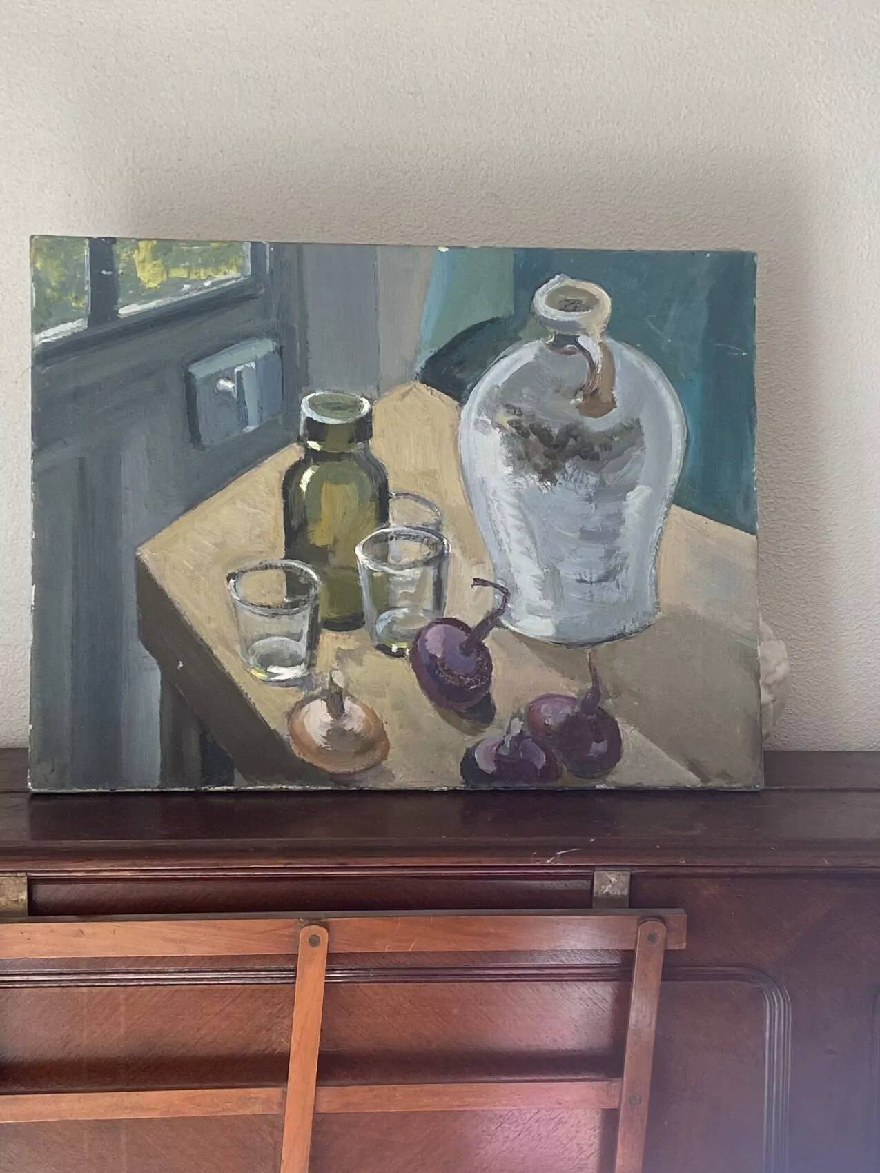 Oil painting on canvas, still life with glasses, 1950s