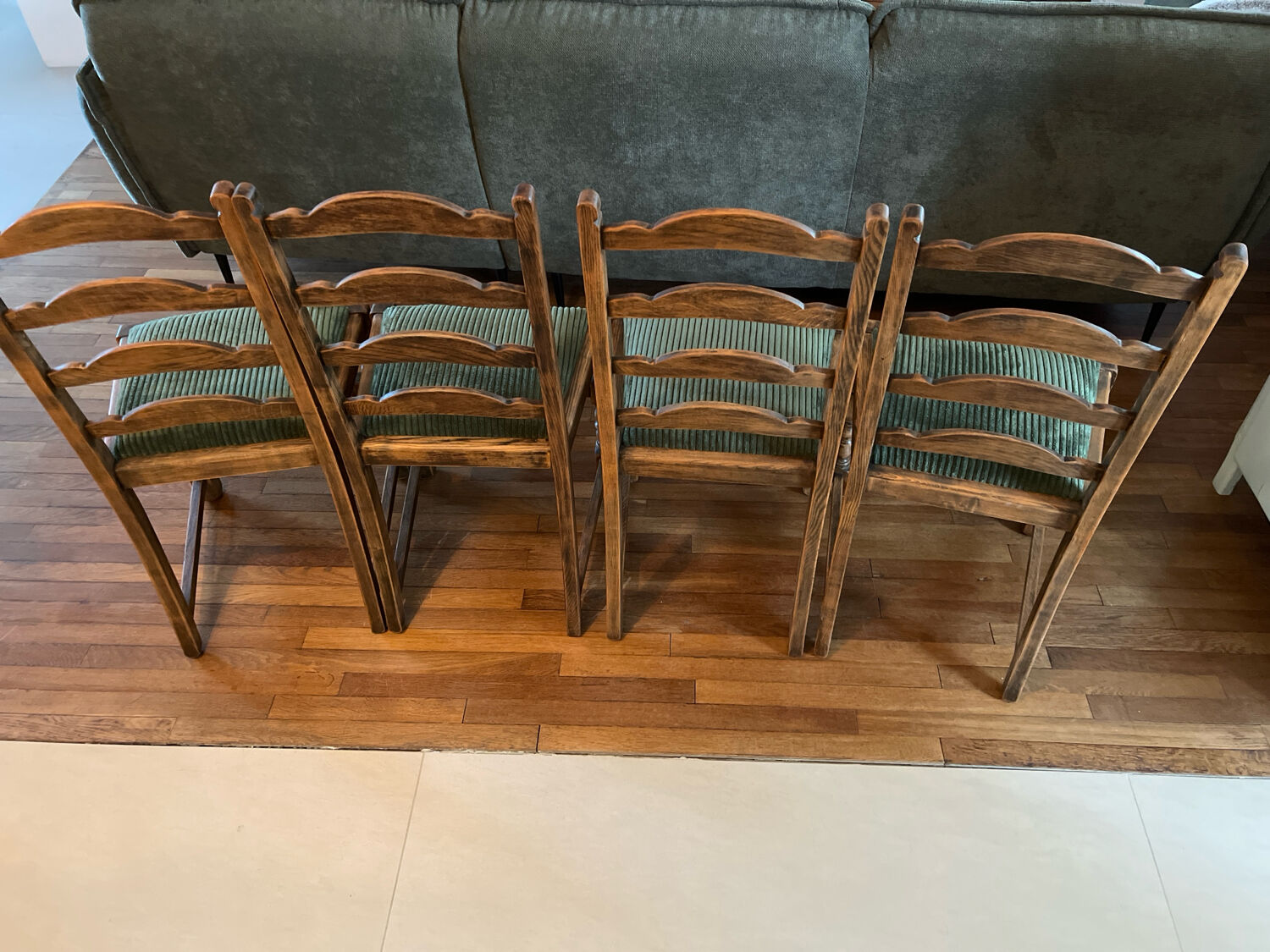 4 antique chairs with green velvet upholstery