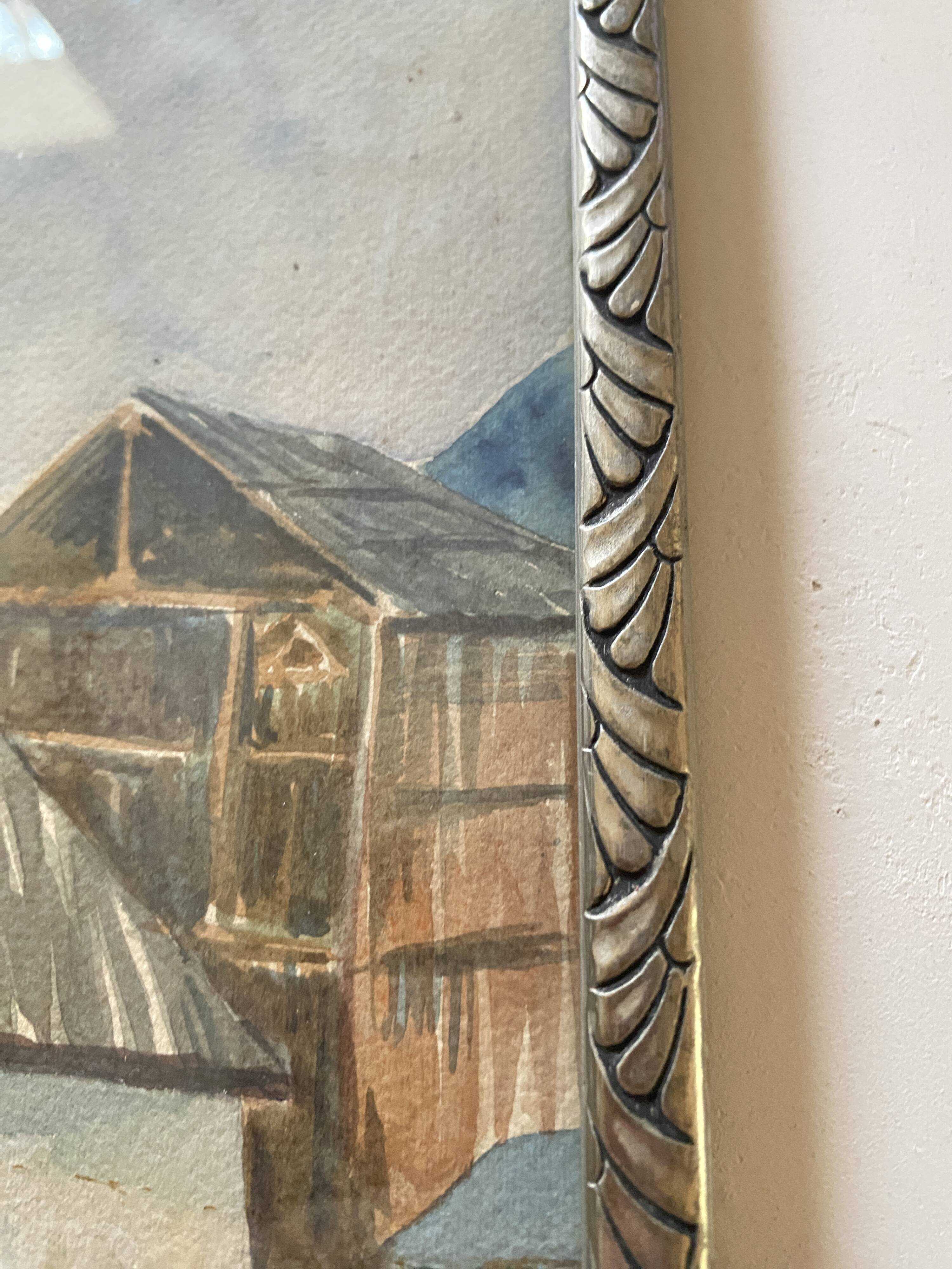 Aquarelle 1920, cadre bois sculpté argenté