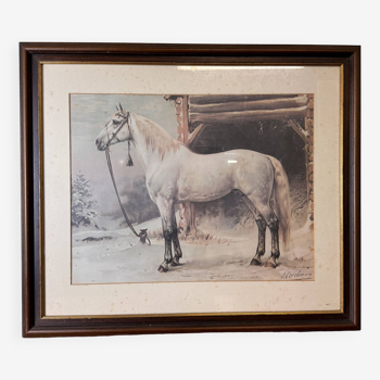 Eerelman, otto (1839-1926) magnifique lithographie rehaussée figurant un cheval trotteur russe