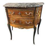 Small Louis XV style half-moon commode with marquetry and bronze decoration
