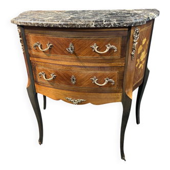 Small Louis XV style half-moon commode with marquetry and bronze decoration