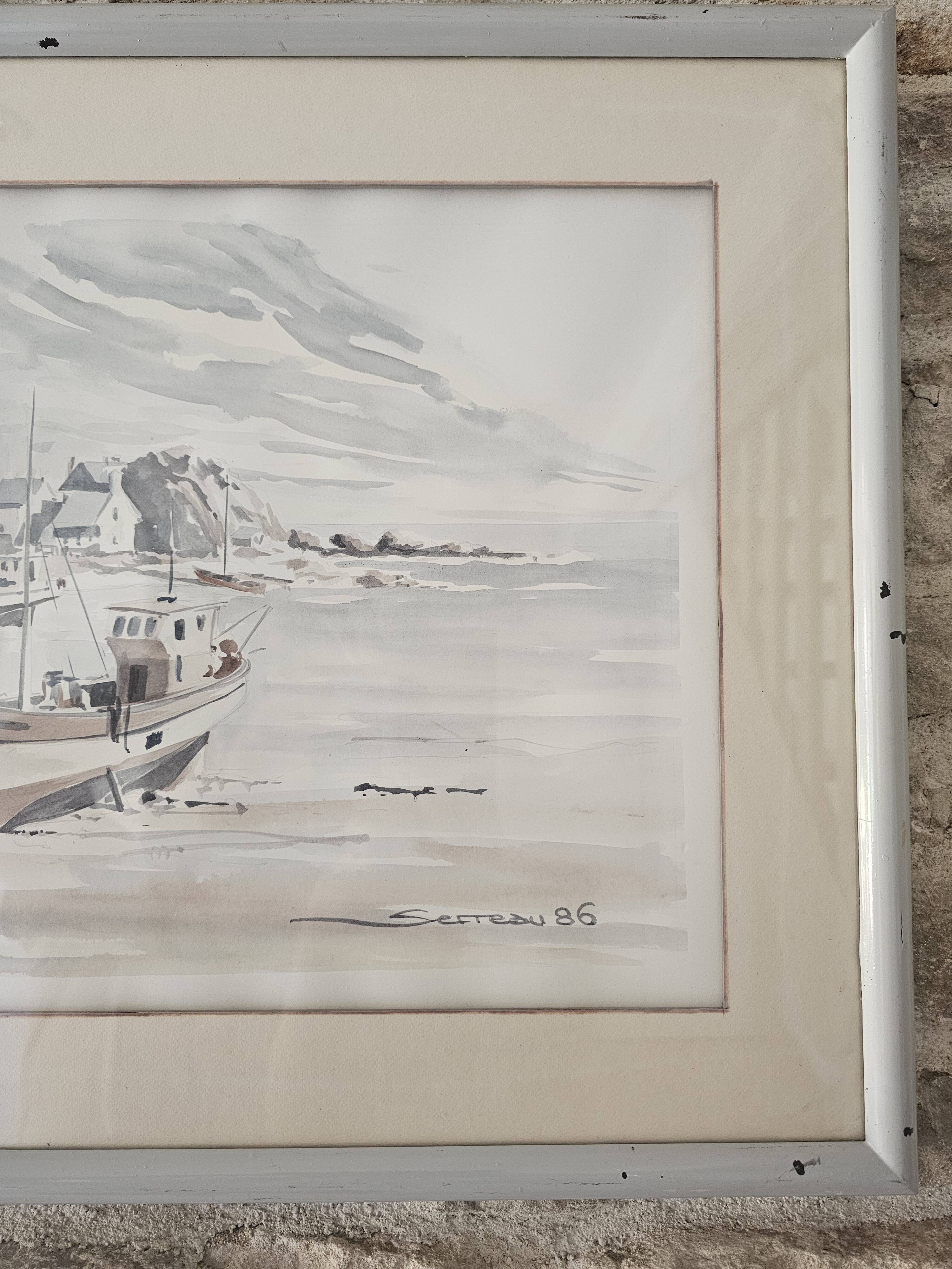 Tableau - Watercolour Landscape Brittany - Marine Boat - Signed Jen Pierre SER