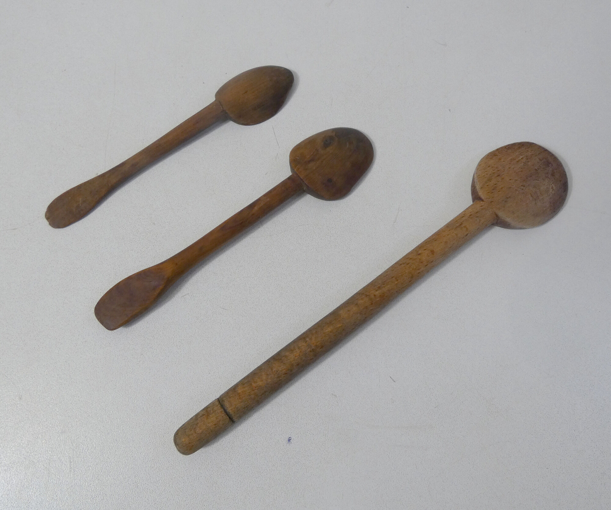 3 old small wooden spoons carved folk art