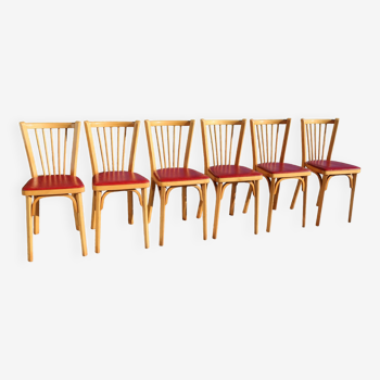 6 BAUMANN N°12 light beech red leatherette chairs