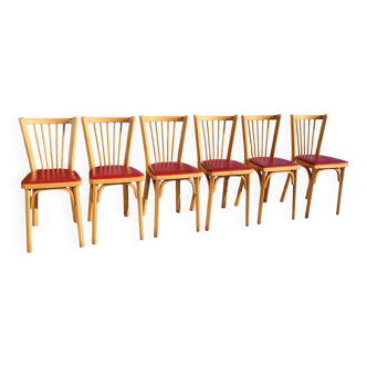 6 BAUMANN N°12 light beech red leatherette chairs