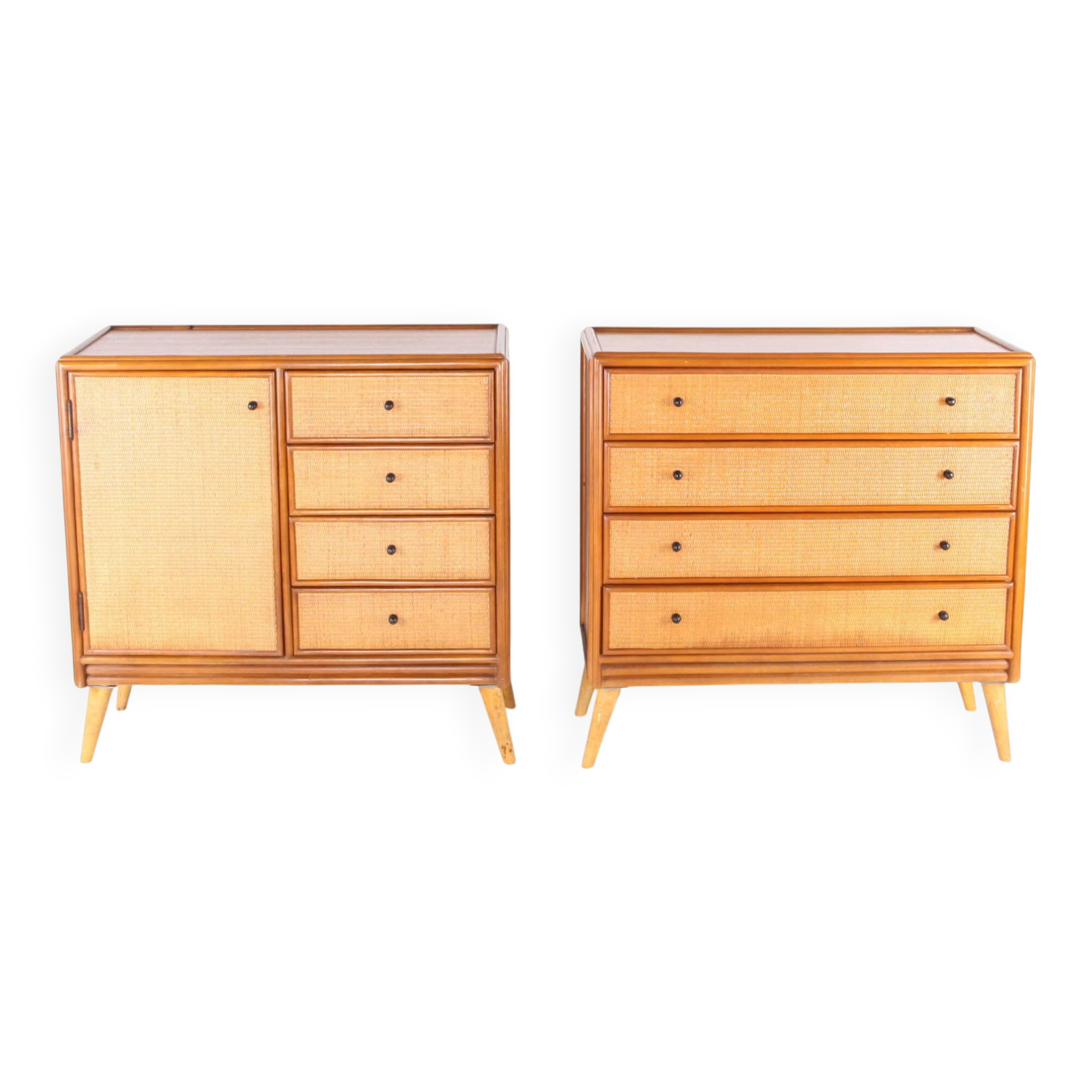 Pair of rattan and wood bedside tables