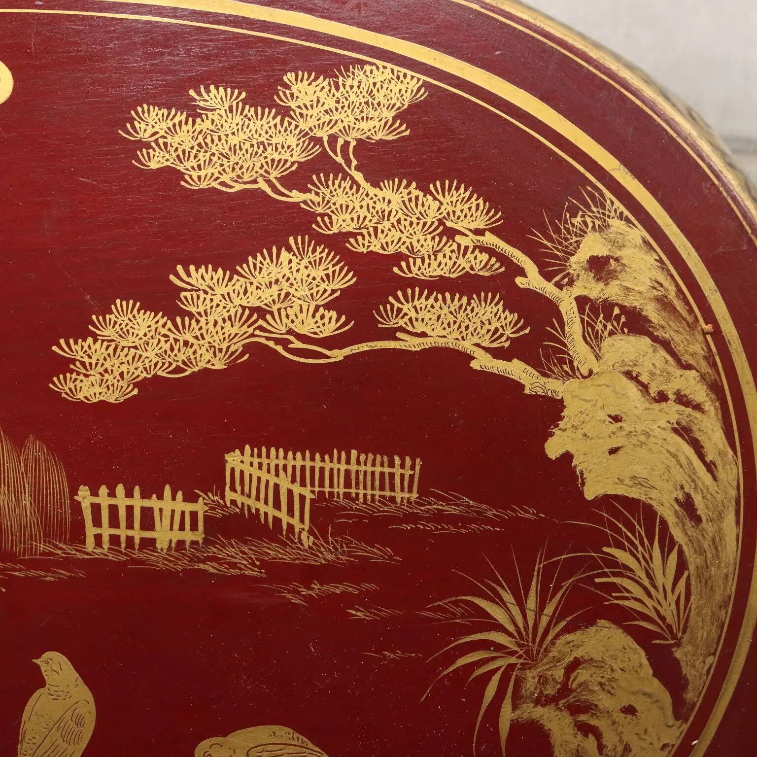 Table basse ancienne en bois laqué chinoiserie, Italie, début XXe siècle