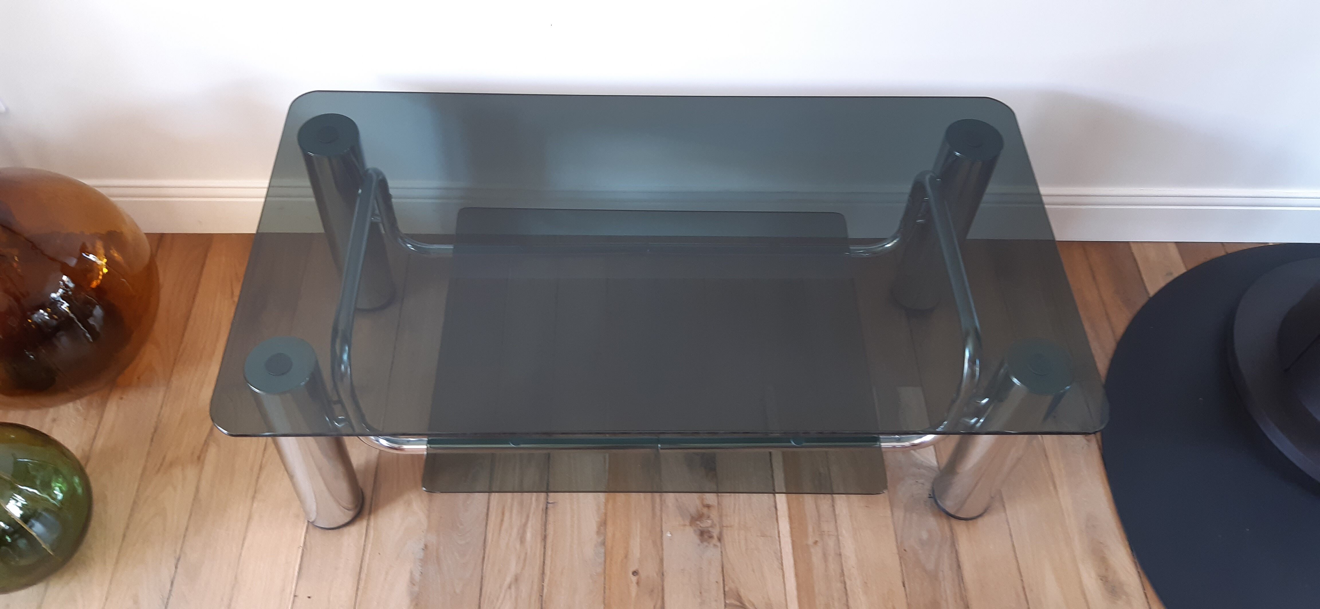 Smoked glass coffee table and chrome legs 70s