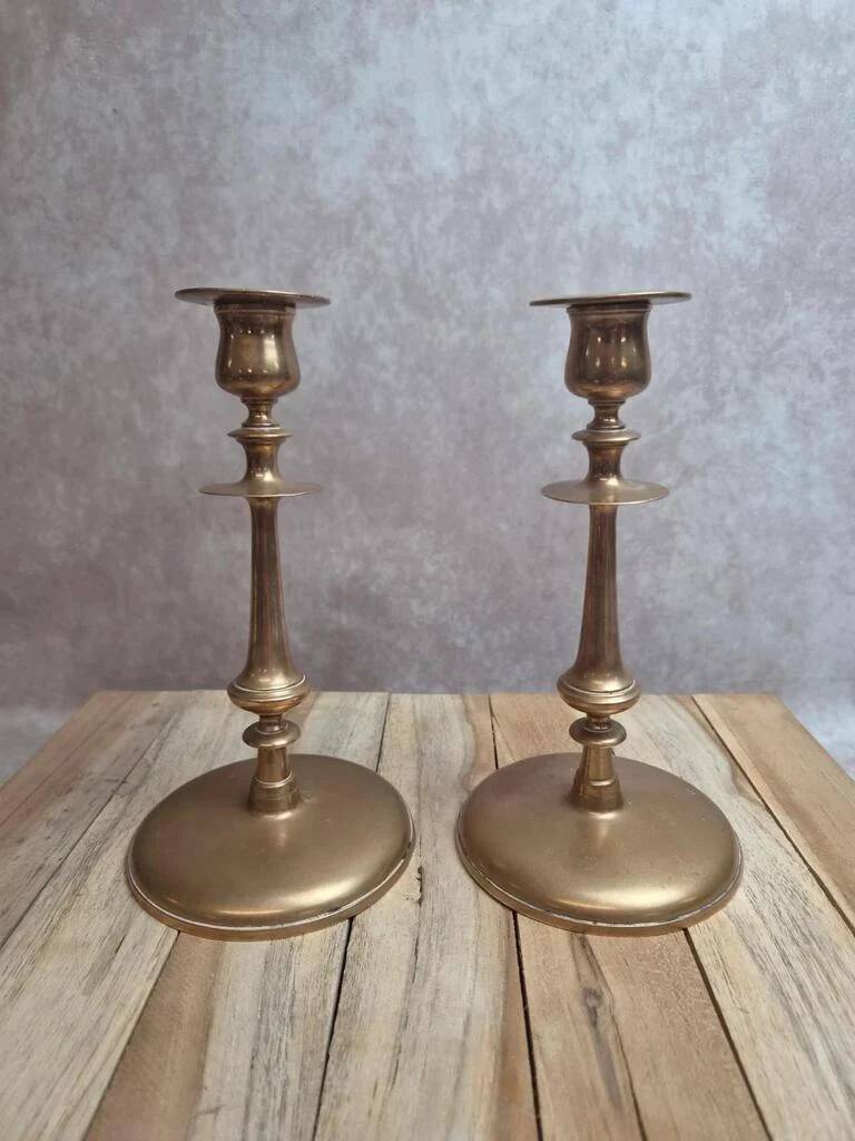 Pair of antique weighted brass candlesticks – neoclassical style