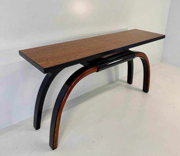 Italian 1940s Art Deco Console in Black Lacquer, Walnut and Maple Burl