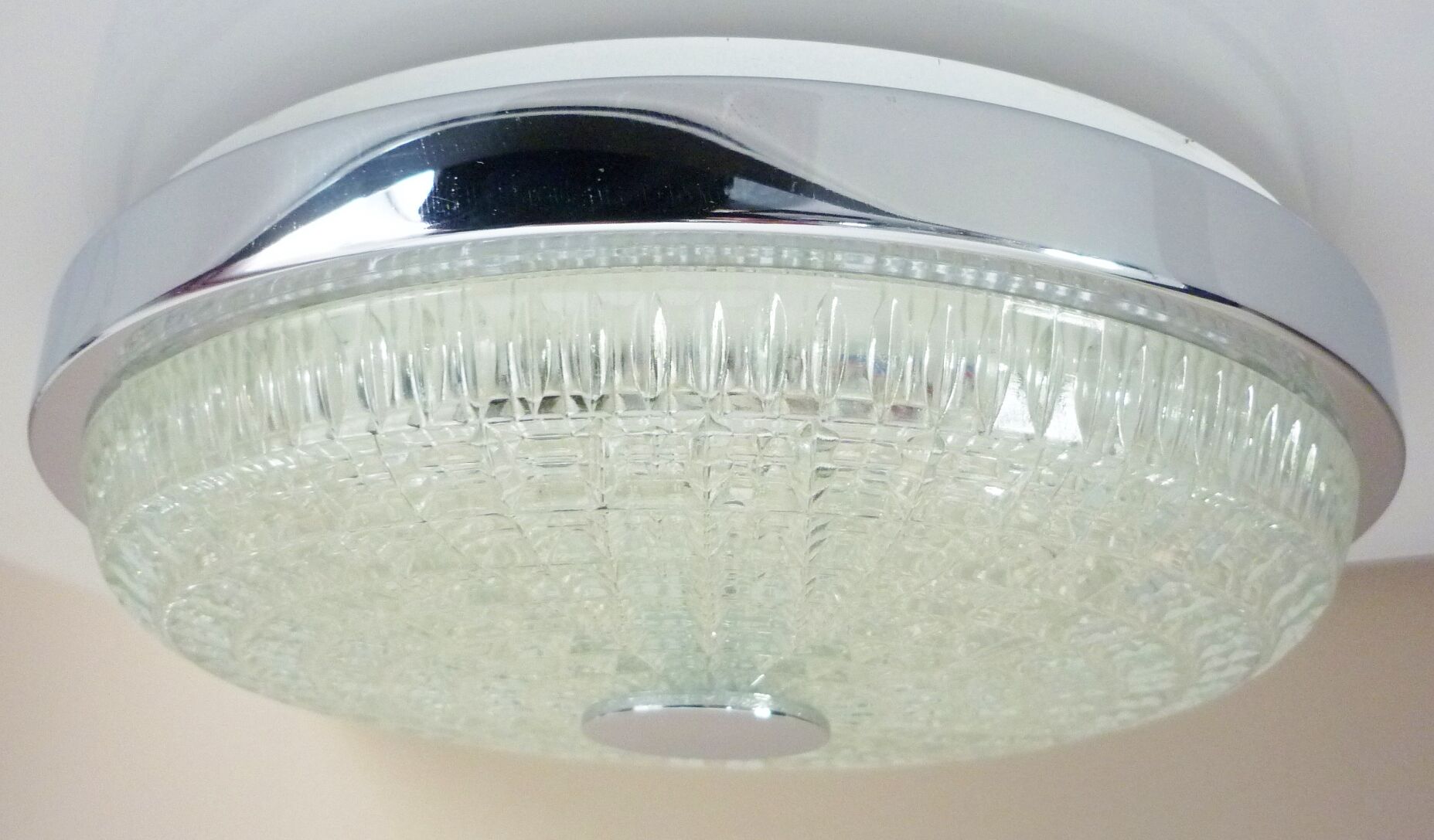 Ceiling lamp, vintage wall lamp, thick glass and chrome, 60s/70s