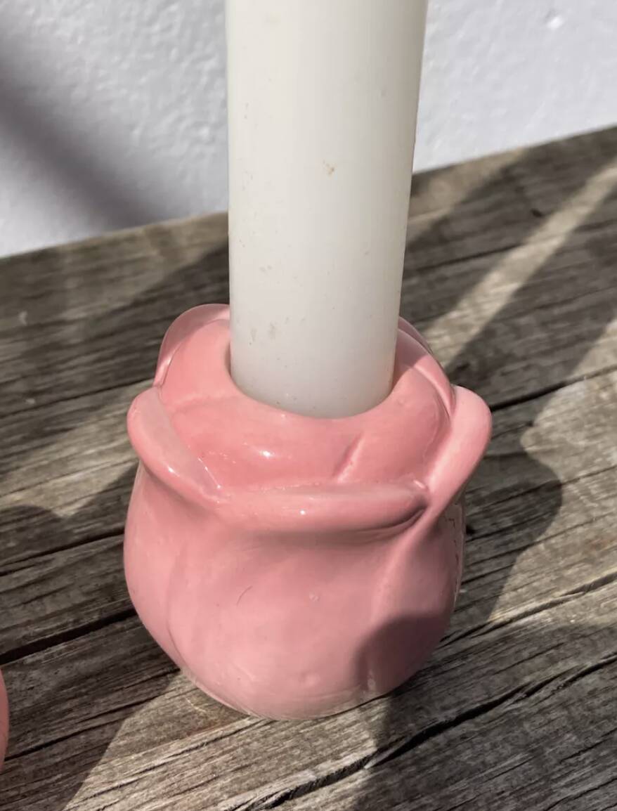 Set of pink flower ceramic candle holders