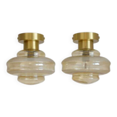 Set Of 2 Vintage Amber Glass Sconces MCM Brass Flush Mount Lights