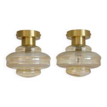 Set Of 2 Vintage Amber Glass Sconces MCM Brass Flush Mount Lights