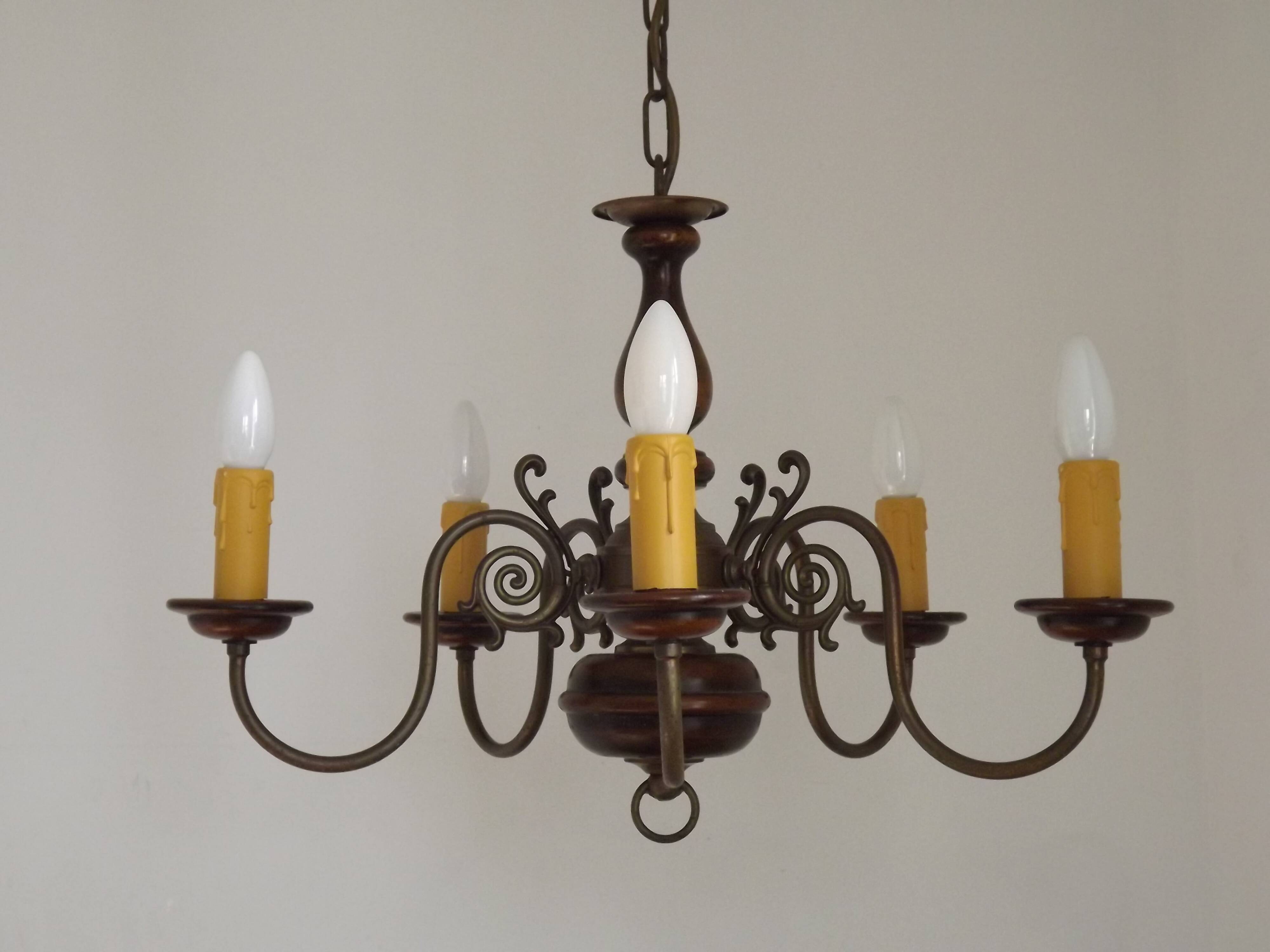 French Vintage 5 Light Mid Century Chandelier in Wood, Bronze and Metal 5525
