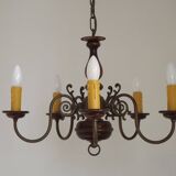 French Vintage 5 Light Mid Century Chandelier in Wood, Bronze and Metal 5525