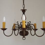 French Vintage 5 Light Mid Century Chandelier in Wood, Bronze and Metal 5525