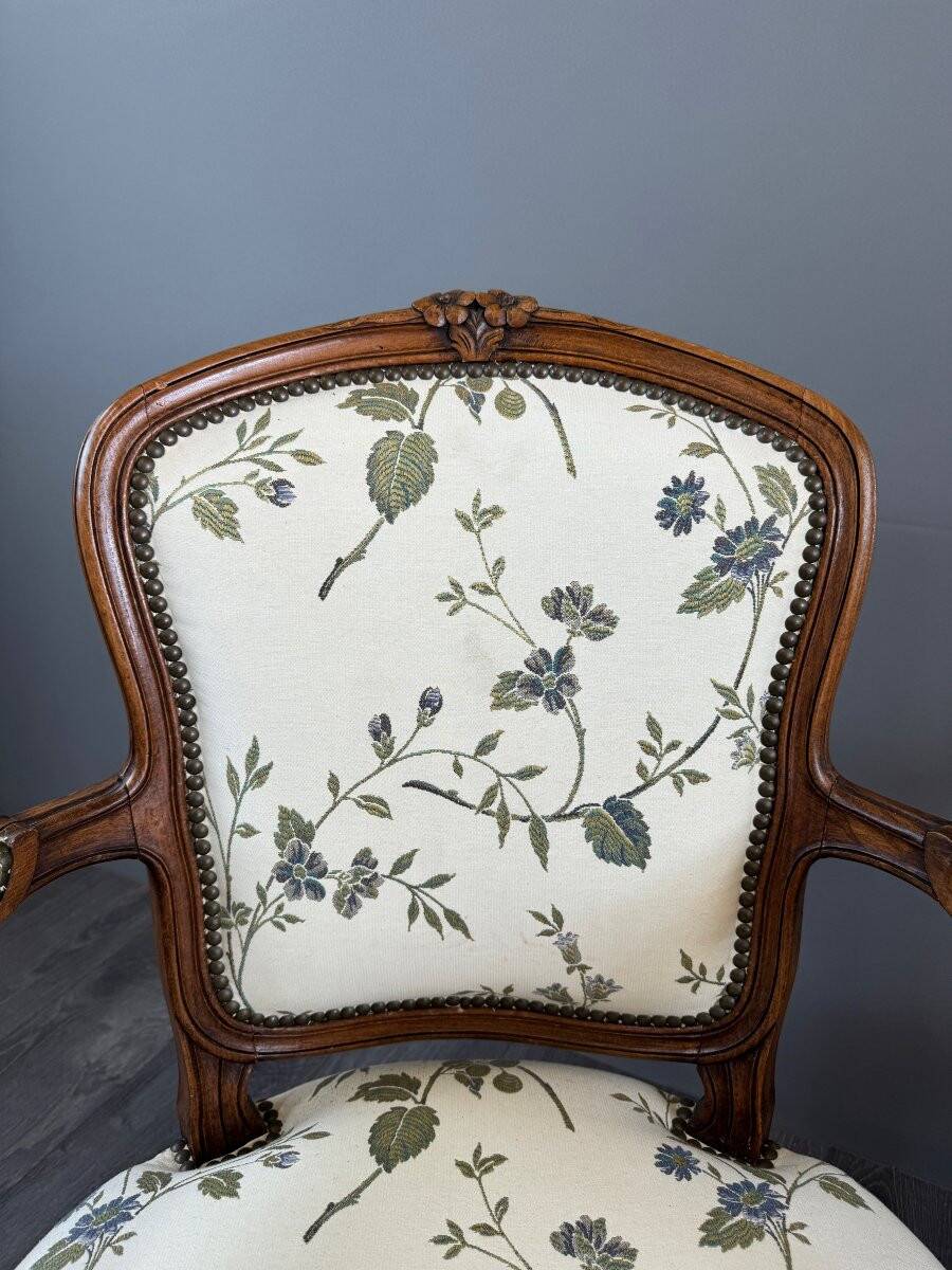 Pair of Louis XV Style Armchairs and Two Footstools, 19th Century