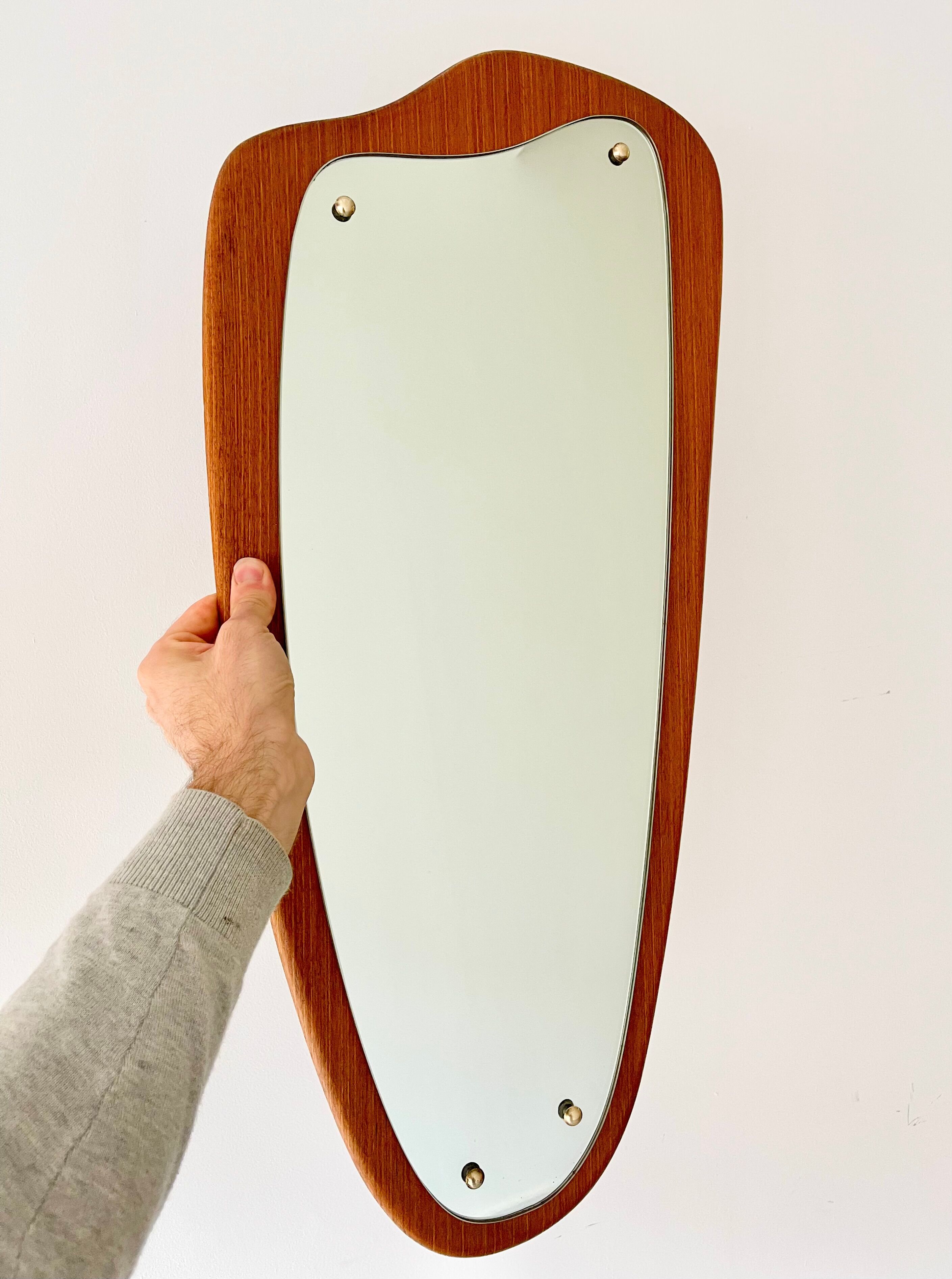 Vintage triangular wall mirror teak frame