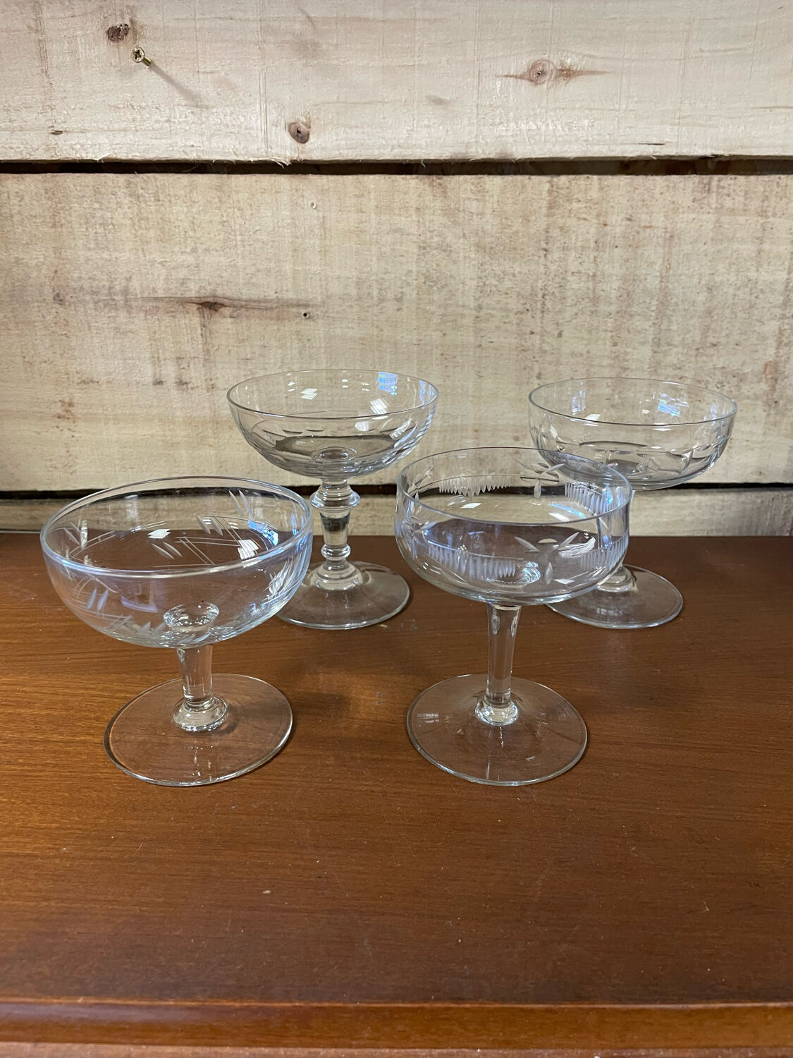 4 mismatched champagne glasses vintage cut crystal
