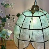 Vintage pendant light in blue mother-of-pearl and brass.