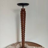 Vintage turned wooden candle holder, black metal candle base