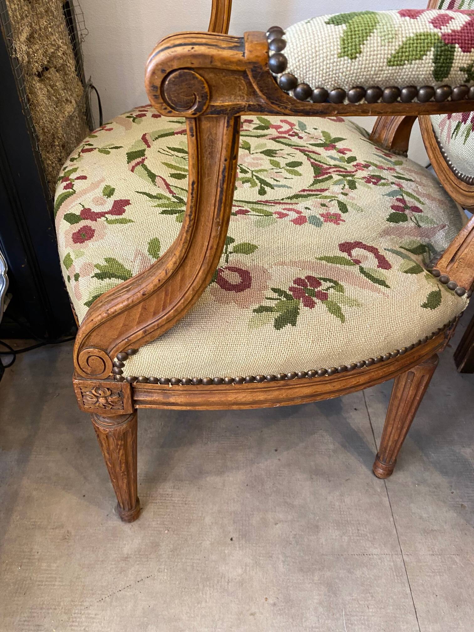 Louis XVI style medallion armchair with floral needlepoint tapestry
