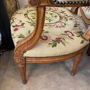 Louis XVI style medallion armchair with floral needlepoint tapestry