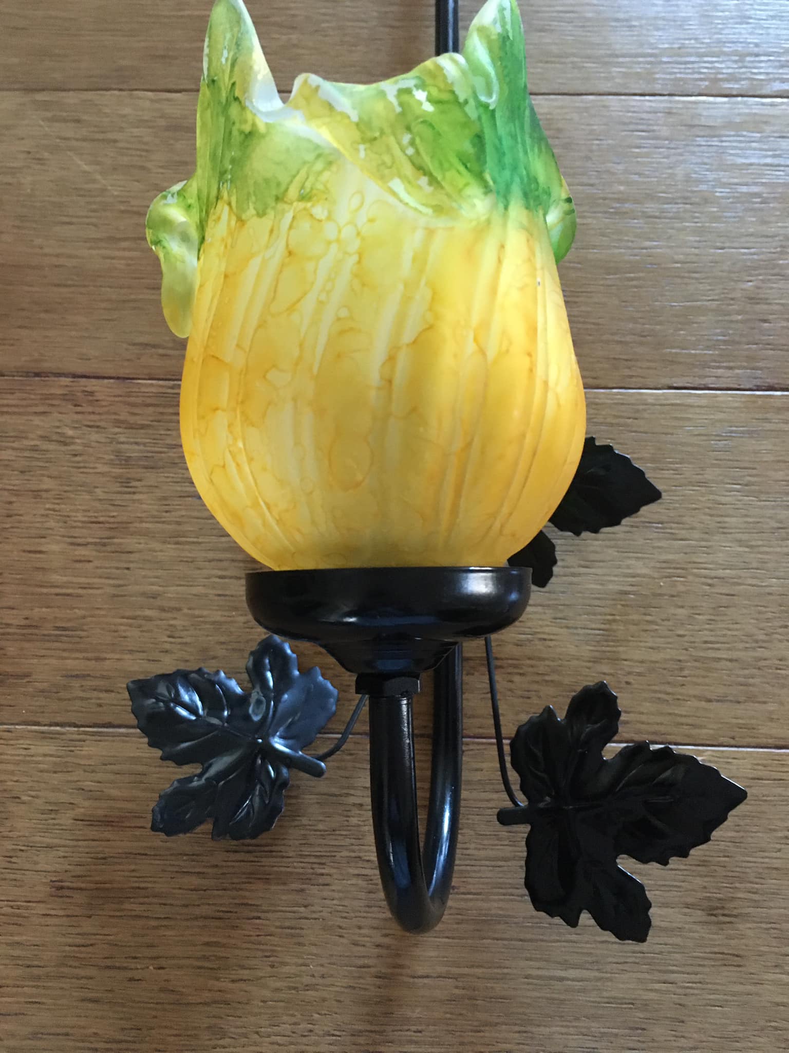 Art-deco style wall lamp with black metal support and foliage and glass paste tulip
