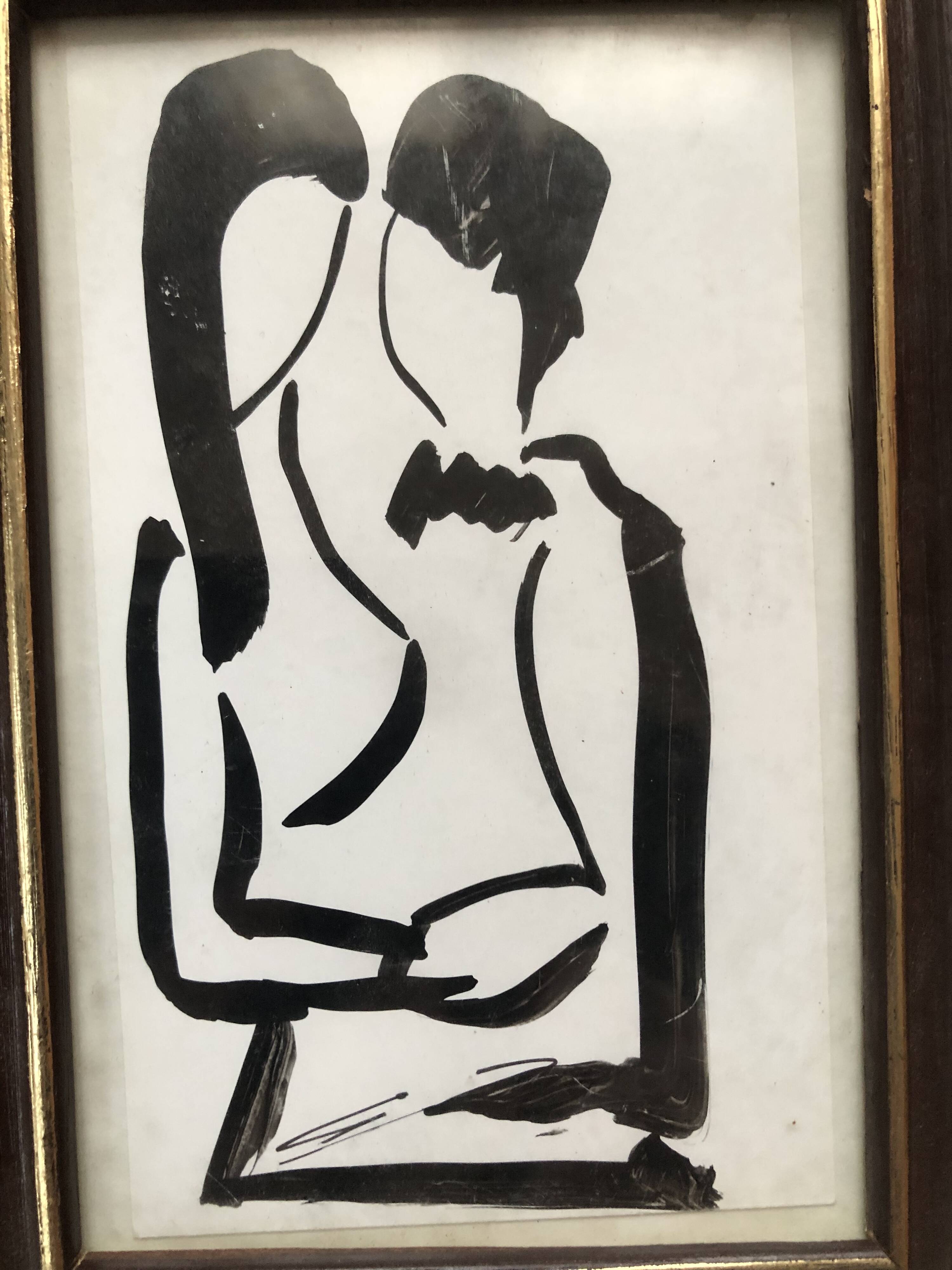 Black oil painting: loving couple embraced signed godeau 1989, figurative style, framed