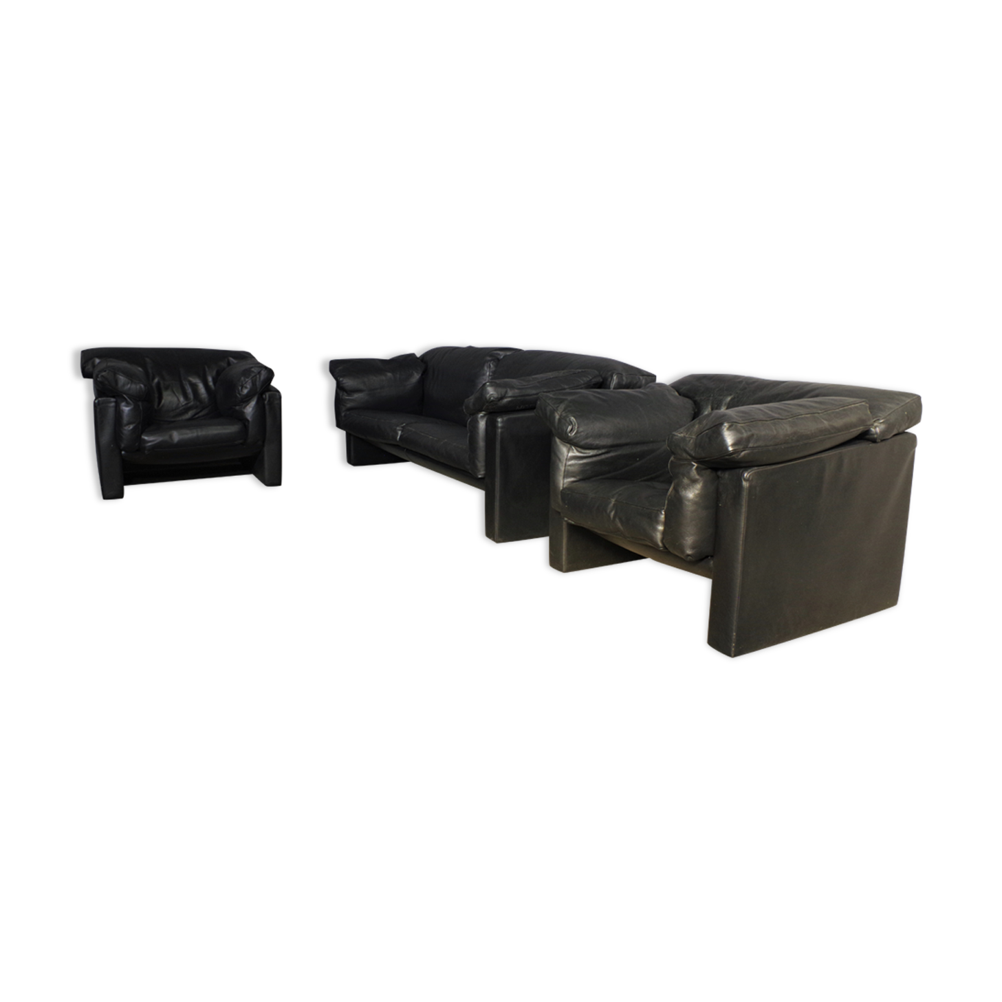 Moroso sofa set and armchairs in black leather, 1984