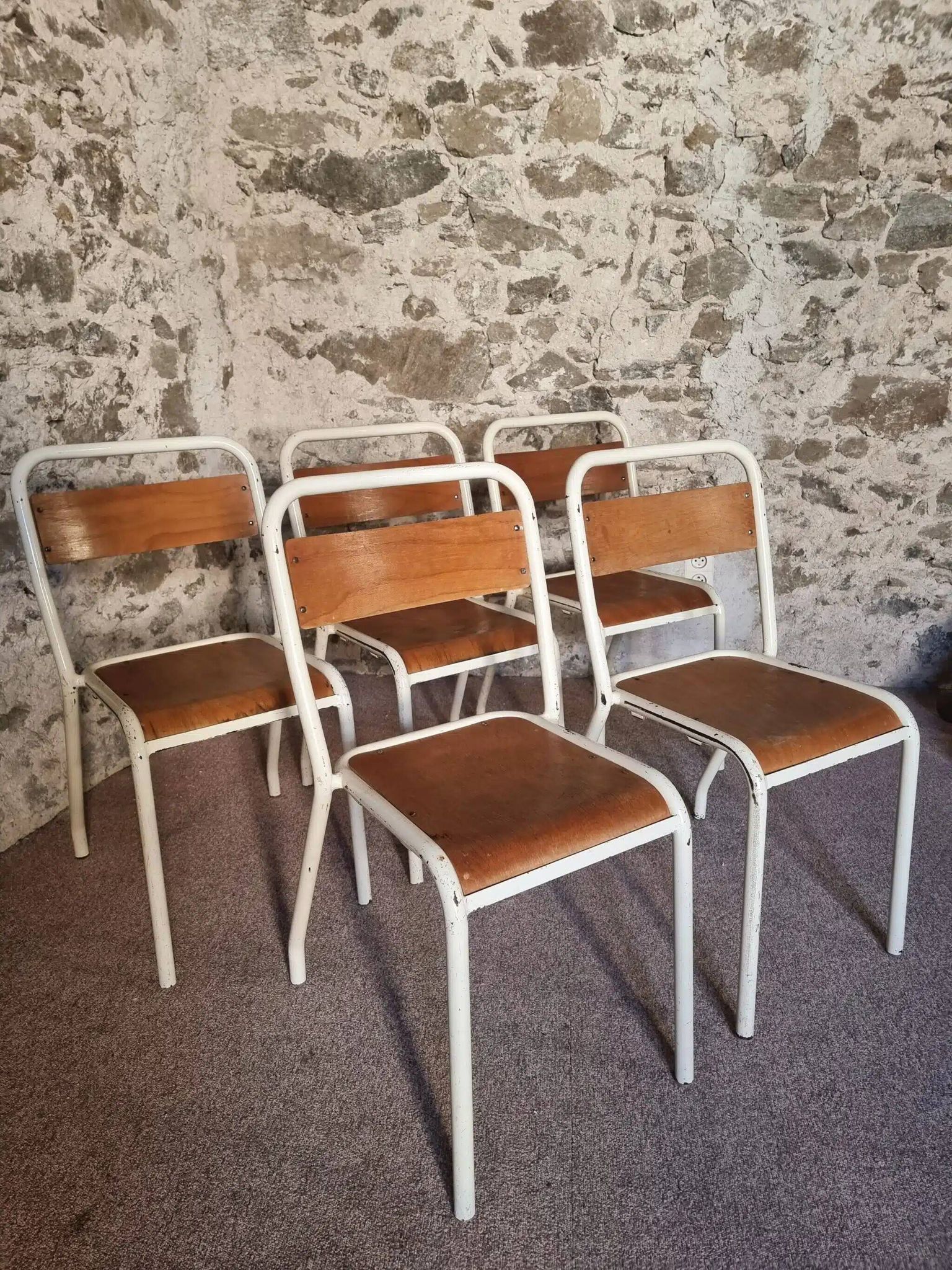 Vintage French school chairs – 1960s industrial cafe seats (set of 5)