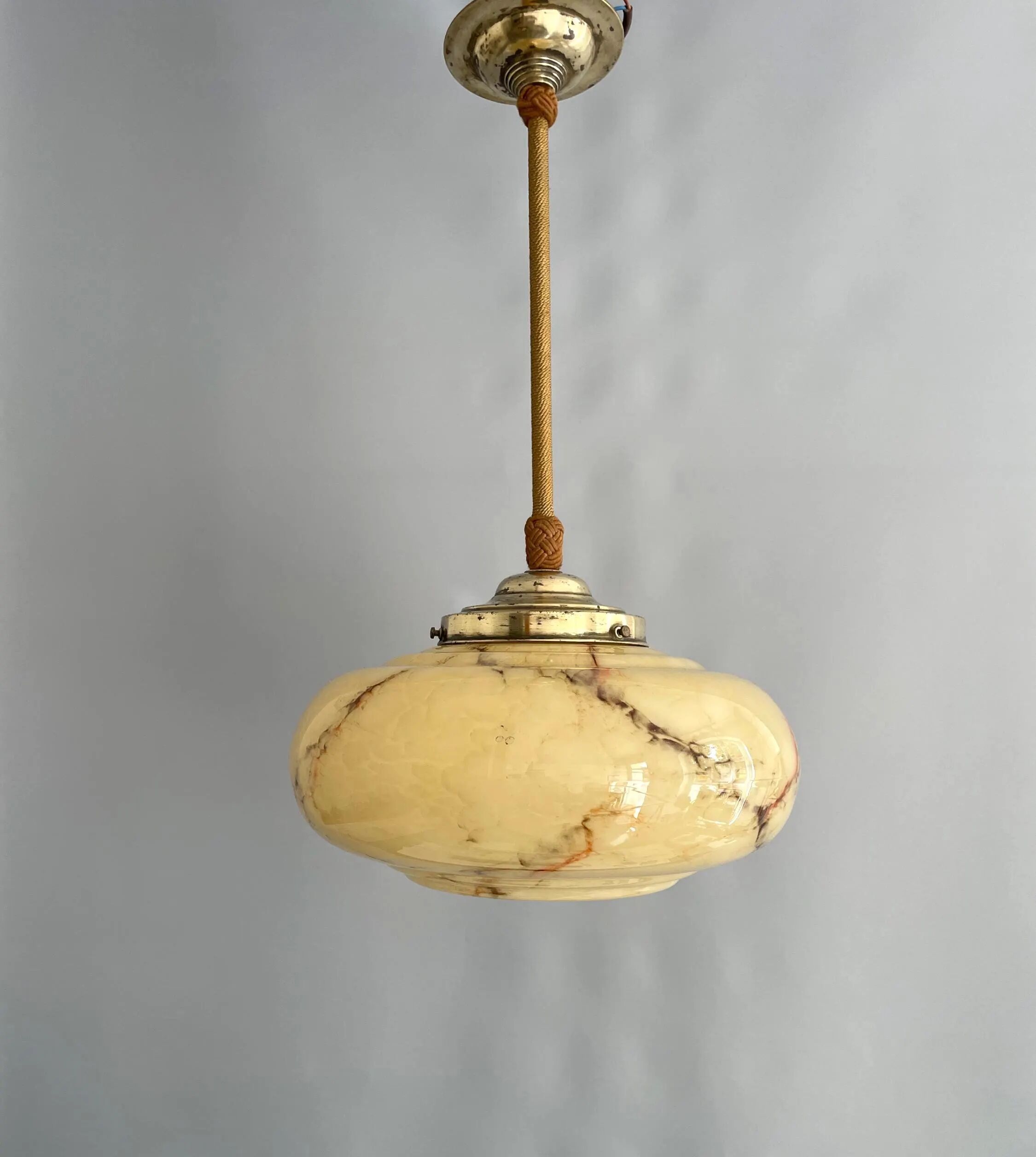 Art Deco Suspension with Beige Glass Shade and Twisted Stem - circa 1920-1930