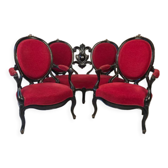 Salon Napoléon III, canapé deux places et deux fauteuils dossiers médaillon