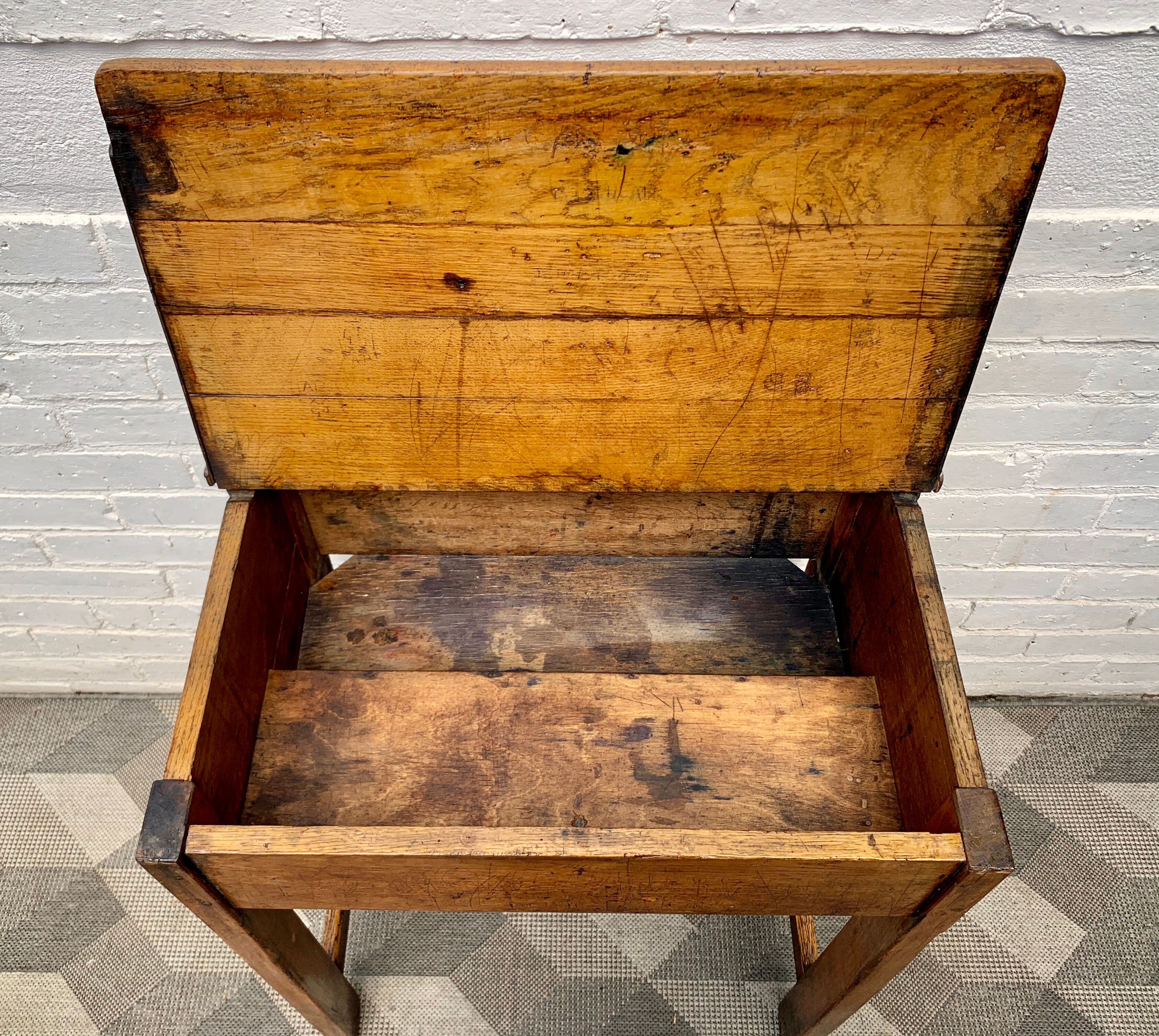 Vintage Wooden School Desk with Storage #D381