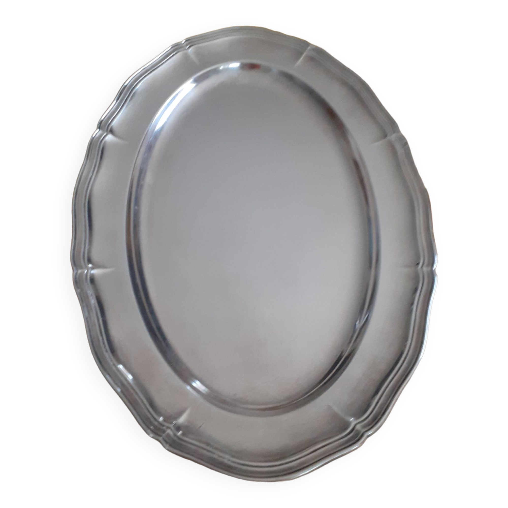 Oval silver metal dish. With initials.